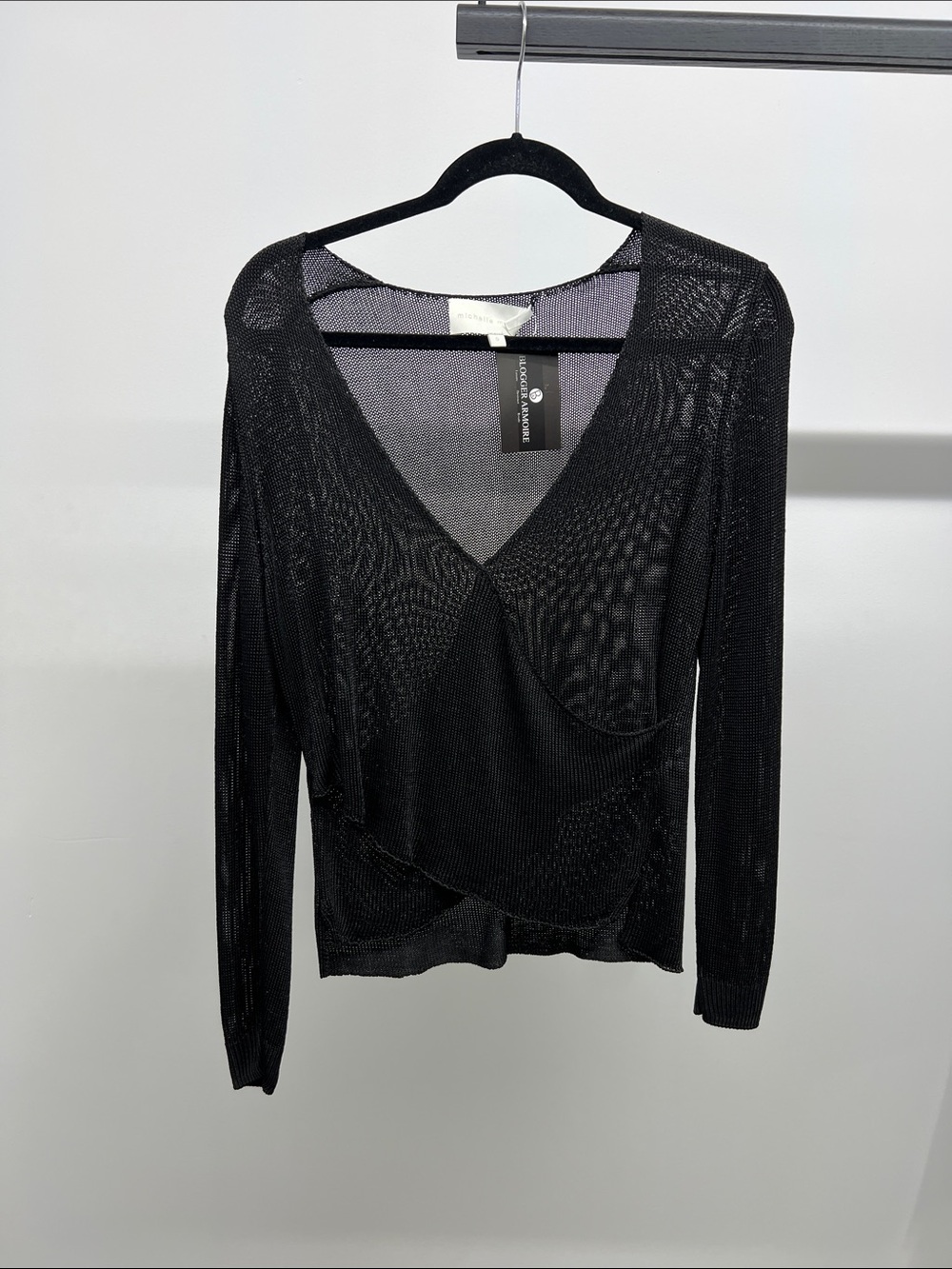 Black Long-Sleeve Sheer V-Neck Knit Top